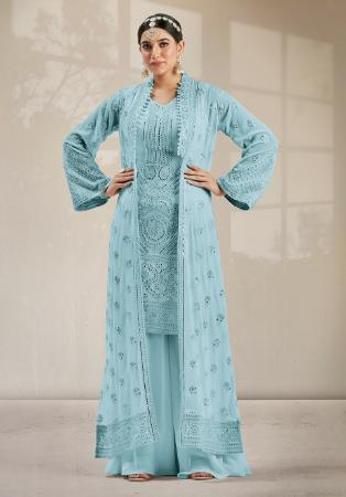 Picture of Georgette Light Steel Blue Straight Cut Salwar Kameez