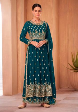 Picture of Good Looking Georgette Teal Straight Cut Salwar Kameez