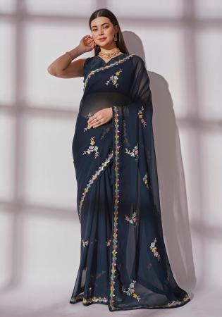 Picture of Fine Georgette Dark Slate Grey Saree