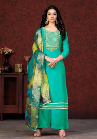 Picture of Chiffon Dark Turquoise Straight Cut Salwar Kameez