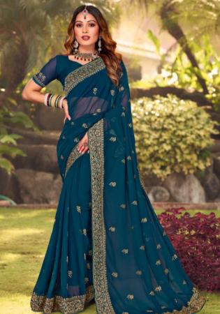 Picture of Well Formed Georgette Teal Saree