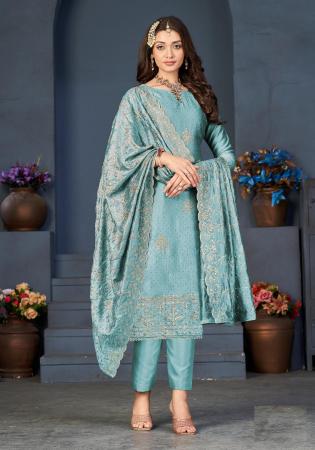 Picture of Marvelous Satin Cadet Blue Straight Cut Salwar Kameez