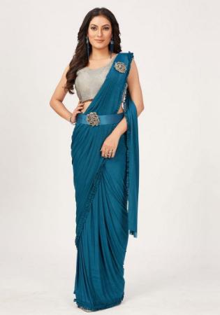 Picture of Well Formed Lycra Teal Saree