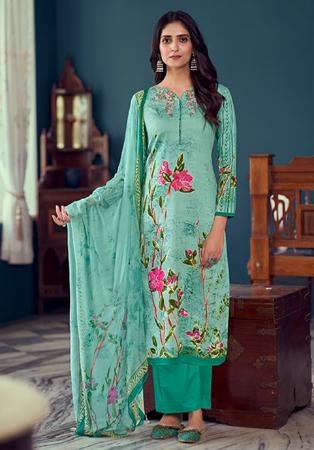 Picture of Delightful Satin Cadet Blue Straight Cut Salwar Kameez