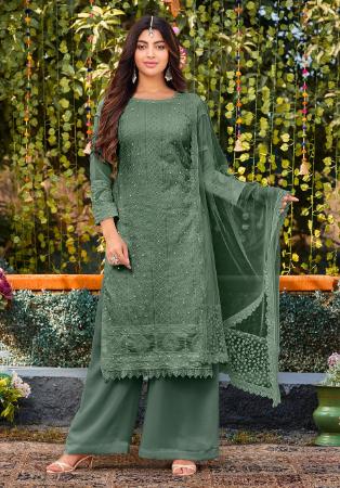 Picture of Georgette Dark Sea Green Straight Cut Salwar Kameez