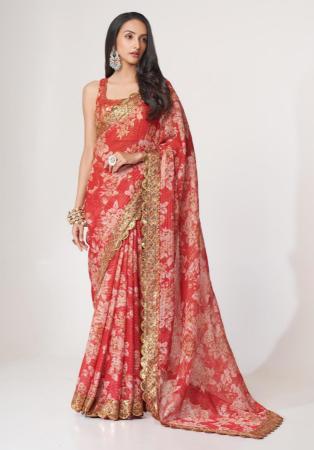 Picture of Well Formed Organza Fire Brick Saree