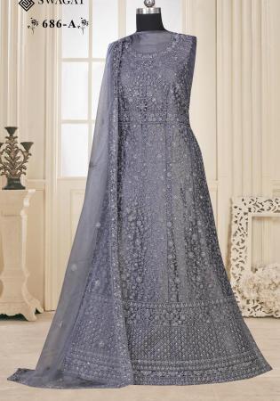 Picture of Enticing Net Light Slate Grey Anarkali Salwar Kameez