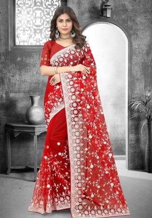 Picture of Fascinating Net Fire Brick Saree