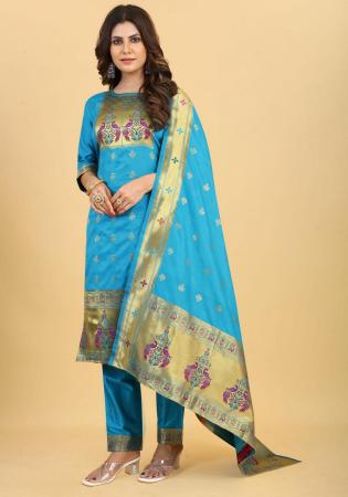 Picture of Silk Medium Turquoise Readymade Salwar Kameez