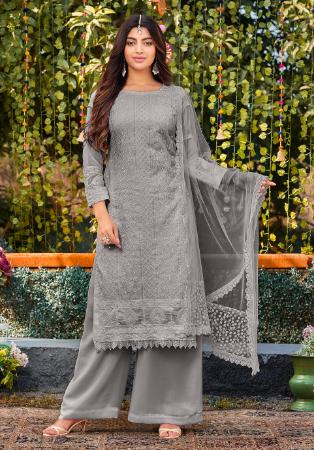 Picture of Georgette Dark Grey Straight Cut Salwar Kameez