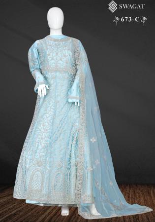 Picture of Stunning Net Light Steel Blue Anarkali Salwar Kameez