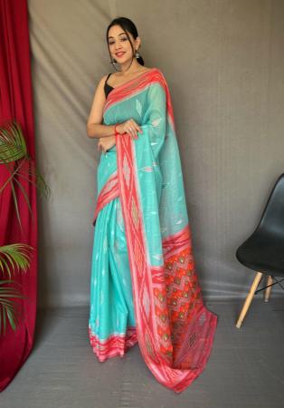 Picture of Delightful Linen Turquoise Saree