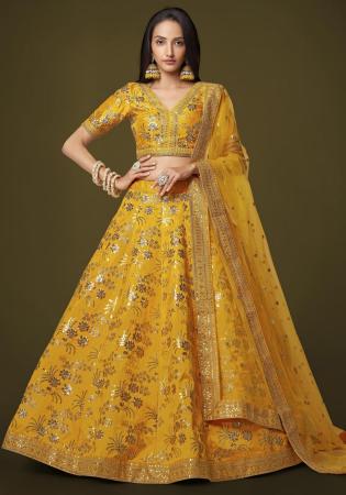 Picture of Stunning Silk Golden Rod Lehenga Choli