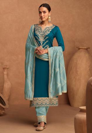 Picture of Fascinating Silk Teal Straight Cut Salwar Kameez