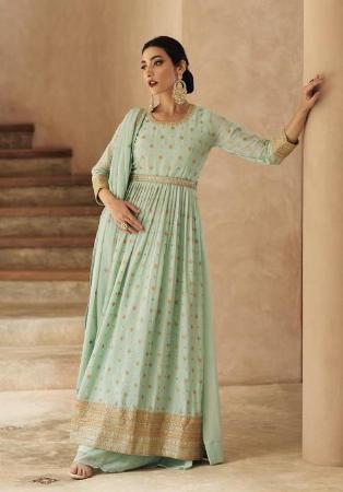 Picture of Georgette & Silk Dark Sea Green Straight Cut Salwar Kameez