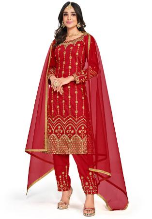 Picture of Fascinating Silk Fire Brick Straight Cut Salwar Kameez