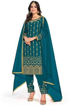 Picture of Shapely Silk Teal Straight Cut Salwar Kameez