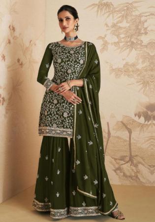 Picture of Georgette Dark Olive Green Straight Cut Salwar Kameez