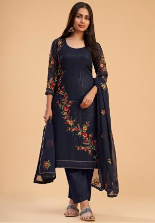 Picture of Georgette Dark Slate Blue Straight Cut Salwar Kameez