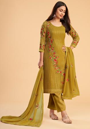 Picture of Georgette Dark Khaki Straight Cut Salwar Kameez