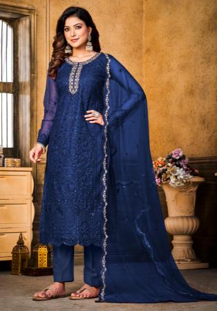 Picture of Net Dark Slate Blue Straight Cut Salwar Kameez