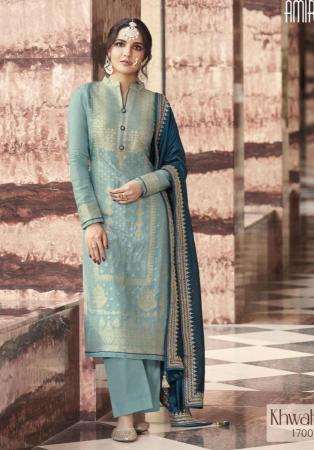 Picture of Shapely Silk Cadet Blue Straight Cut Salwar Kameez