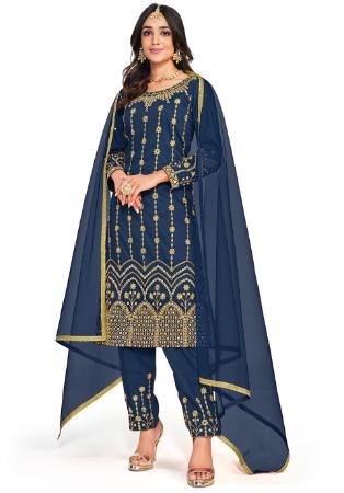 Picture of Silk Dark Slate Grey Straight Cut Salwar Kameez