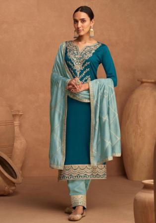 Picture of Ravishing Silk Teal Straight Cut Salwar Kameez