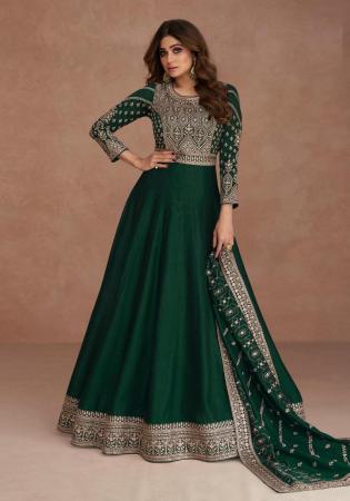 Picture of Pretty Silk Forest Green Anarkali Salwar Kameez