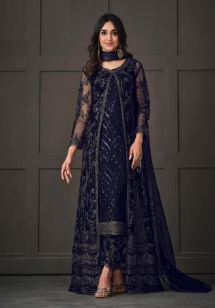 Picture of Superb Net Navy Blue Straight Cut Salwar Kameez