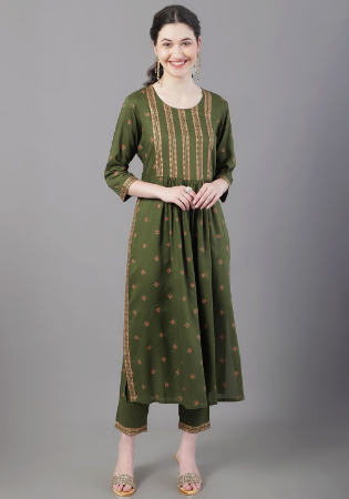 Picture of Rayon Dark Olive Green Readymade Salwar Kameez