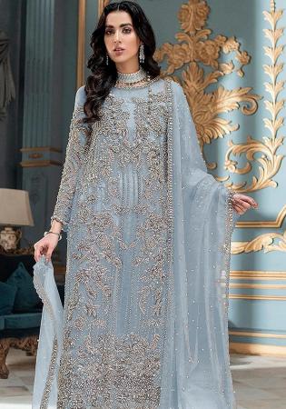 Picture of Organza Light Slate Grey Straight Cut Salwar Kameez