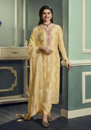 Picture of Chiffon Pale Golden Rod Straight Cut Salwar Kameez