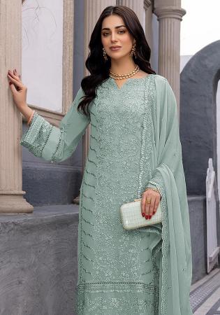 Picture of Georgette Dark Sea Green Straight Cut Salwar Kameez