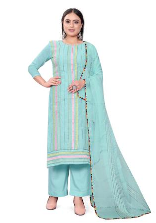 Picture of Cotton Powder Blue Straight Cut Salwar Kameez