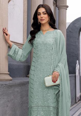 Picture of Georgette Dark Sea Green Straight Cut Salwar Kameez