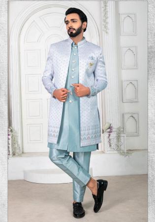 Picture of Superb Silk Light Steel Blue Indo Western