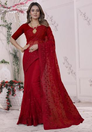 Picture of Alluring Net Dark Red Saree