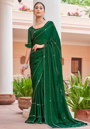 Picture of Excellent Chiffon & Satin Forest Green Saree