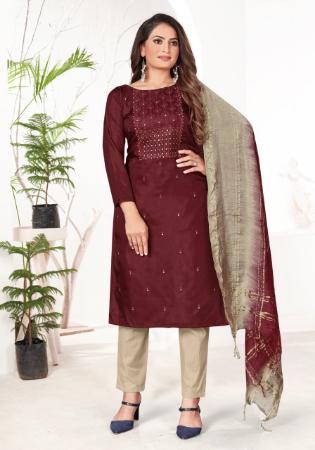 Picture of Well Formed Silk Maroon Straight Cut Salwar Kameez