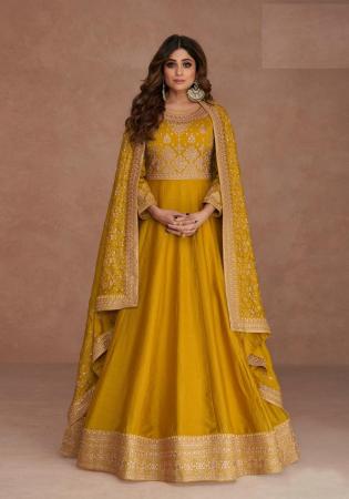 Picture of Elegant Silk Dark Golden Rod Anarkali Salwar Kameez