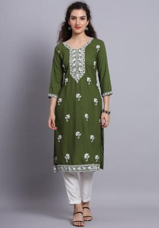 Picture of Charming Rayon Dark Olive Green Kurtis & Tunic