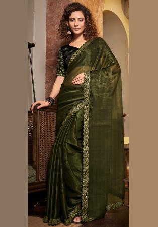 Picture of Well Formed Chiffon & Satin Dark Olive Green Saree