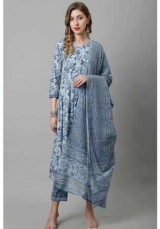 Picture of Appealing Cotton Sky Blue Readymade Salwar Kameez