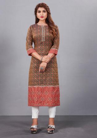 Picture of Enticing Silk & Organza Dark Khaki Kurtis And Tunic