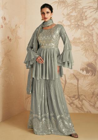 Picture of Appealing Chiffon Dark Grey Straight Cut Salwar Kameez