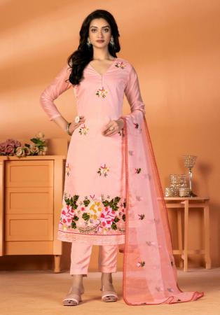 Picture of Stunning Silk Peach Puff Straight Cut Salwar Kameez