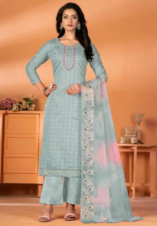 Picture of Silk Light Slate Grey Straight Cut Salwar Kameez