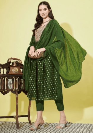 Picture of Chiffon Dark Olive Green Readymade Salwar Kameez