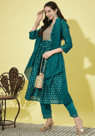 Picture of Charming Chiffon Teal Readymade Salwar Kameez